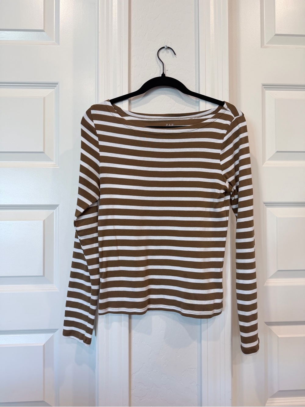 GAP Brown and White Striped Long-Sleeve Boatneck Top
